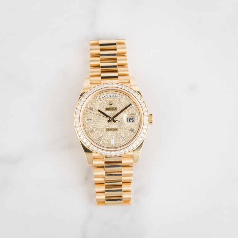 Super Clone Rolex Day-Date 40 Diamond Paved Yellow Gold