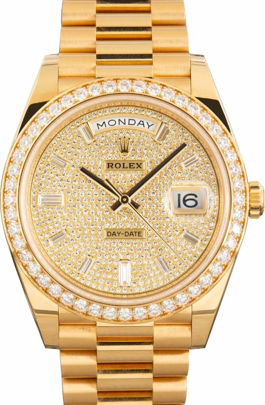 Super Clone Rolex Day-Date 40 Diamond Paved Yellow Gold